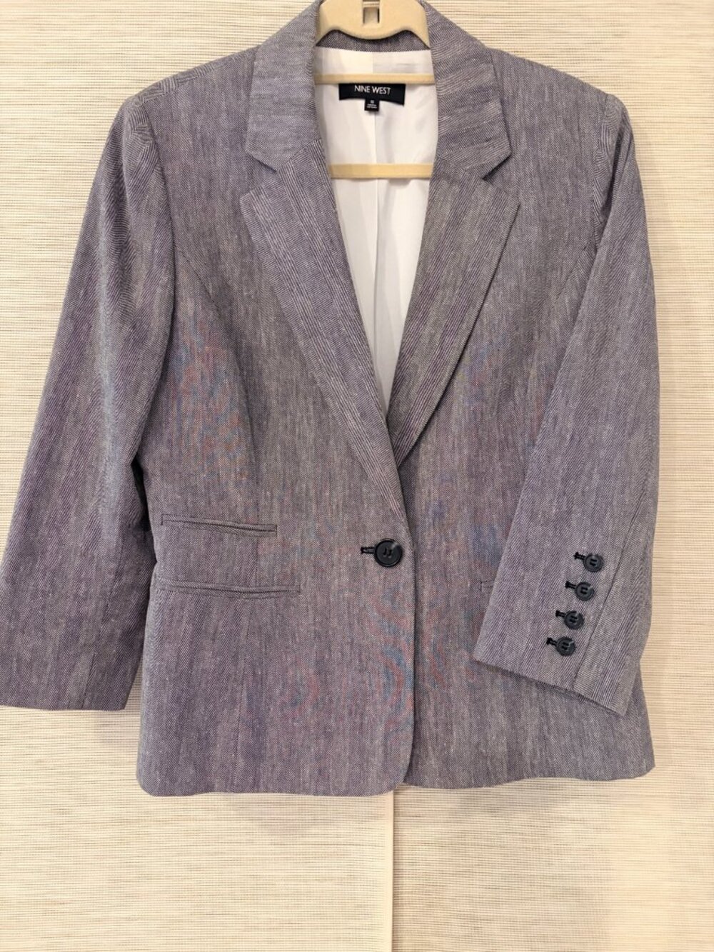 Nine West Herringbone Blazer Womens 10 Black White Single Button Lined Jacket